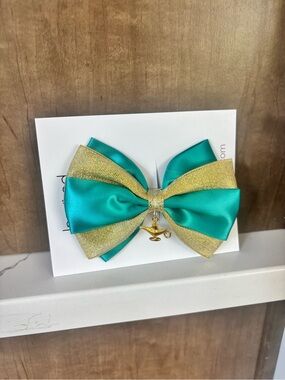 Jasmine Teal and Gold Bow Hair Clip with Gold Charm
